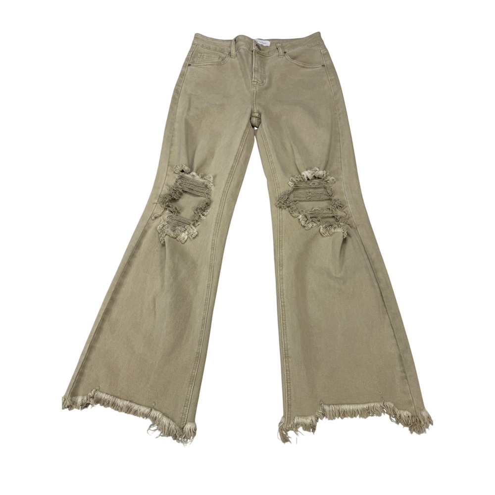 Risen Jeans Tan Khaki Distressed Wide Leg Raw Hem Denim Size 9/29